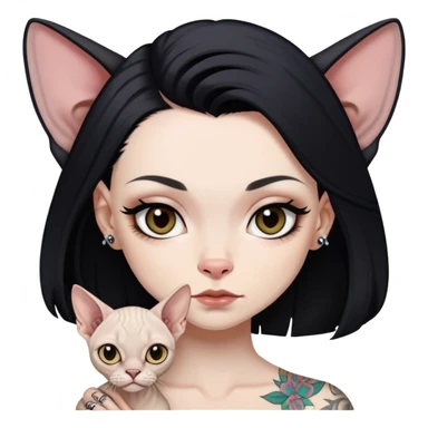white girl with long black  straight hair and tattoos and  a Devon rex sticker