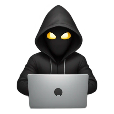 Developer with a black hood behind his computer and cool sticker