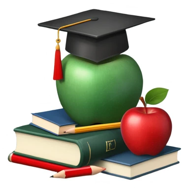 An icon featuring a chalkboard with educational equations, an apple, and a pencil, symbolizing pedagogy. The design includes a stack of books and a graduation cap, representing teaching and learning. Transparent background highlights the dedication to education and mentorship. sticker