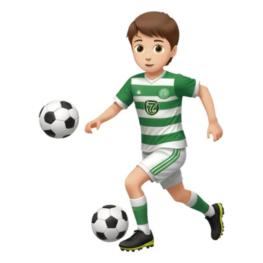 Celtic footballer jersey logo  6 years old brown hair white boy , brown eyes , stripes uniform , RUNNING  with soccer ball is number  17 celtic football logo  ONE CELTIC LOGO ONLY white shorts sticker