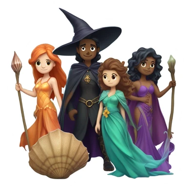 A group of 5 friends, consisting of a female witch, a female wizard, a male merman, a female fairy, and a female siren sticker