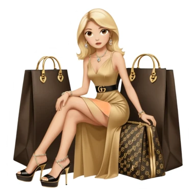 Lilith symbol light brown eyes. Woman of justice and power. Shoulder  length blonde haired  woman with Gucci, and designer bags next to her. Wearing long elegant dress with slit, sitting on a pile of gold and diamonds on her. Black Platform high heels on feet. designer bags around her.  sticker