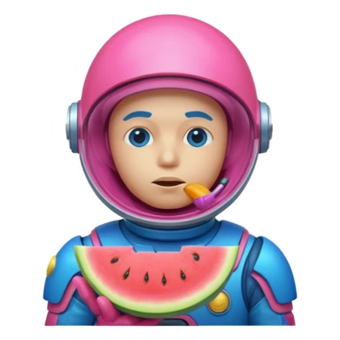 Neon pink and blue spaceman side eye eating melon looking suspicious sticker
