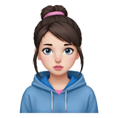 Create a teenage girl with straight brunette hair pulled into a messy bun, pale skin, light freckles, and blue-grey eyes. She will have pink lips and long black eyelashes. She will be wearing a big black hoodie. sticker