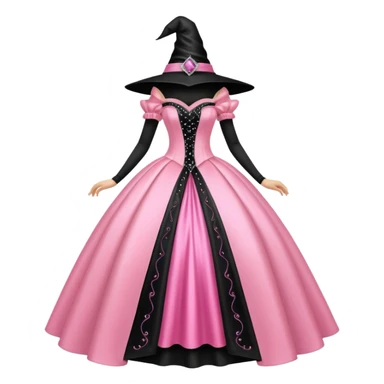 big pink sparkly princess style ball gown and next to it is a black witches hat sticker