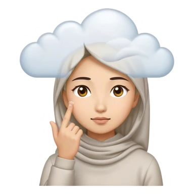 Model: Sticker.a white young asian Muslim woman are thinking something. Her eyes rolling to up right. Her hand touching face. There's emoji cloud to describe what she thinking about. sticker