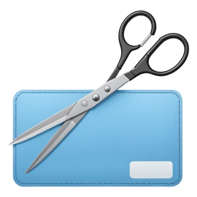 Floating black Scissors cutting a light blue military ID card in 2 parts .hyper realistic sticker