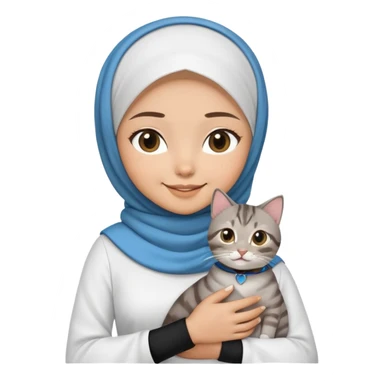 Asian White girl wearing hijab and white dress holding a black grey tabby cat while smiling.  The cat is wearing a blue collar sticker