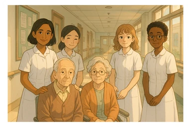 Four nursing students inspired by provided faces, wearing complete white short-sleeve uniforms without stethoscopes, accompanying elderly seated patients, Ghibli style, hospital corridor bathed in light. sticker