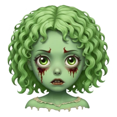 Uma garota zumbi com o cabelo cacheado baixo e mecha descolorida,olho meio grande e bonitos e rosto redondo bem fofinha e linda e com aparência de zumbi verde e meio assustadora com o semblante de cansada sticker