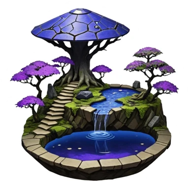 Crashed Alien saucer pool-castle jungle winding footpath mountainside getaway haunted nighttime landscape antique mudman very old broken cracked intricate Stone Age lapis-crusted irregular dodecagon-shaped shallow dark moss rough bark violet flowered maple tree bonsai sticker