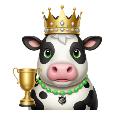 A fat cow wearing wearing a tiara with a Stanley Cup and it’s eyes neon green ￼ sticker