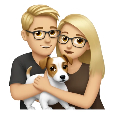 Blonde girl and her white boyfriend with brown hair and glasses cuddling a jack Russell  sticker