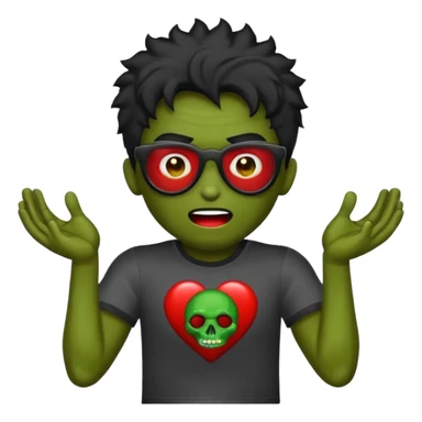 Crie um zumbi com sangue estilo emoji do iPhone com cabelo ondulado grande preto com camiseta preta e óculos de grau preto sticker