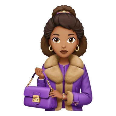 Beautiful black woman wearing a brown monogram Fendi jacket with a fur trim. She is carrying a purple Fendi baguette bag. I want the image to start at her head and end at the chest sticker