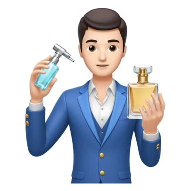 stylish man spraying perfume, holding a perfume bottle, mist spray in the air, elegant pose, 3D cartoon, mobile game icon style, clean background, no text, no watermark

 sticker