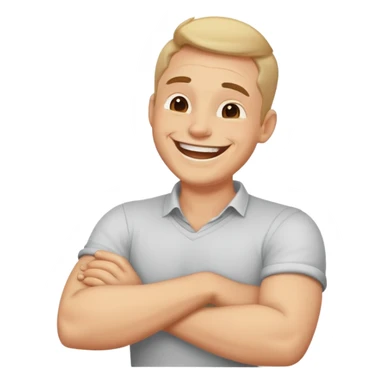 Guy with arms crossed around holding neck while laughing sticker