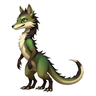 Brown and beige badass elegant wild beautiful natural cute badass epic exotic anthro modern furry 2-legged sergal-vernid-creature, full body, dark-brown-black-gradient pretty hair, with a long tufted tail, green eyes, aesthetic, art by LiLaiRa, art by art by Falvie sticker