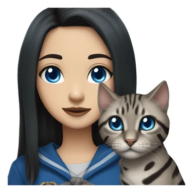 Girl with light skin and blue eyes, shoulder length streight black hair, wears a ravenclaw outfit, with a silver bengal cat holding in her arms sticker