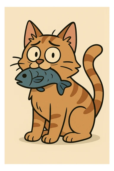 a cat with a fish in its mouth, cartoon style sticker