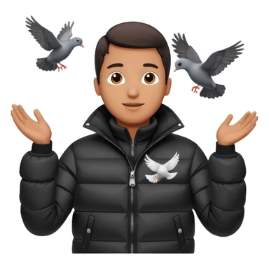 puffer shiny black jacket man open arms looking at a flying pigeon sticker