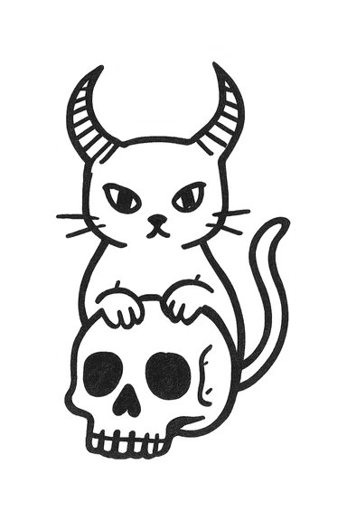 black cat with large demon horns, front paws resting on a human skull, hand drawn style, bold lines, no fill sticker