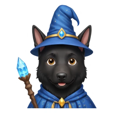 all black german shepherd face wearing a wizard hat and staff and magic swirling around him sticker