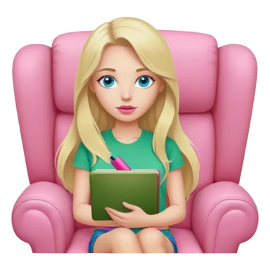 Cinematic realistic blonde with long hair, blue eyes and pink lips, dressed in a green T-shirt, sits in a beige armchair with a pink notebook and pen in her hands sticker
