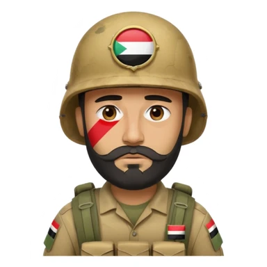 A tired and sad, swarthy Iraqi soldier with a beard, an Iraqi flag on his helmet, a sad expression and bags under his eyes sticker