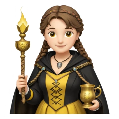 Helga Hufflepuff,the Hogwarts founder of Hufflepuff,brown-haired,2braids,yellow-black medieval dress with black cloak decorated with gold braiding,flickering magic wand and tiny two-handled shiny gold cup engraved with the badger silhouette,very kind smile,curvy busty sweet sticker