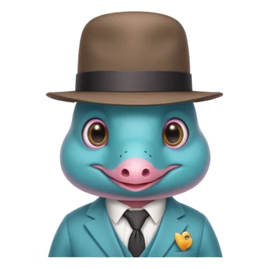 cute light blue turqiouse platypus head, smiling with big eyes with a detective hat and monocle on his eye, no  hands, looks like a platypus but blue, the hat and suit are pink sticker