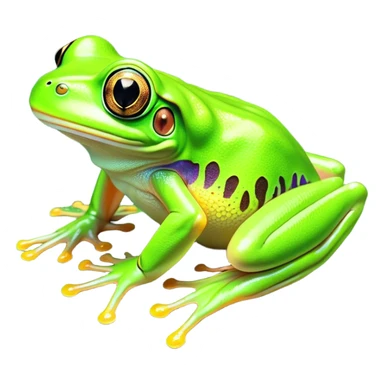 Cinematic Noble Green Tree Frog Portrait Emoji, Poised and alert, with a compact, vibrant body clad in bright, glossy green skin accented by delicate, sticky toe pads and large, bulging, observant eyes, Simplified yet sharp and sophisticated features, highly detailed, glowing with a soft, verdant luminescence, high shine, intelligent and sprightly, stylized with an air of tropical elegance, focused and attentive, soft glowing outline, capturing the essence of a watchful and confident amphibian that appears ready to leap out of the screen with effortless agility! sticker