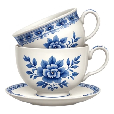 white porcelain tea cup with blue floral vintage design sticker