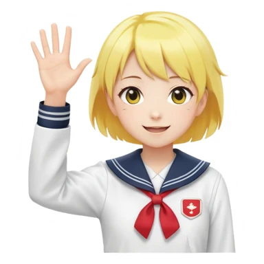 Anime girl with short bright yellow hair wearing Japanese sailor style school uniform, composed posture with hand on hip but energetically waving with other hand, excited smile and happy eyes sticker