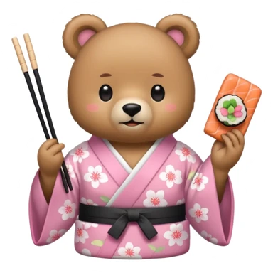 A cute light-brown bear wearing a pastel pink sakura-patterned kimono, normal balanced body ratio. 
Happily eating sushi with chopsticks, excited sparkling eyes. 
Kawaii emoji style, minimalistic clean sticker illustration, white background.
 sticker