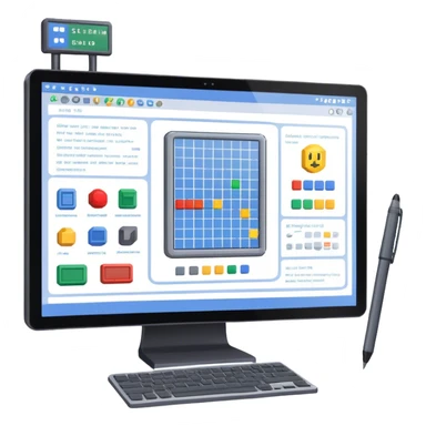 Emoji for Game Design: computer screen with Professional game development interface, 3D models, pixel art and design tools like grid, wireframe, and stylus. Symbolizes the technical and creative process of game development. Transparent background. sticker