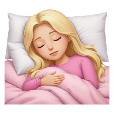 Cinematic realistic blonde with long hair, dressed in a pink top, sleeps in a cozy, soft bed, covered with a white duvet sticker