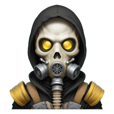 skeleton wearing a gas mask portrait, head and shoulders only, visible rib cage bones, cracked skull, dark hood, glowing eyes inside the mask, post-apocalyptic vibe, dramatic lighting, 3D cartoon, mobile game icon style, clean background, no text, no watermark
 sticker
