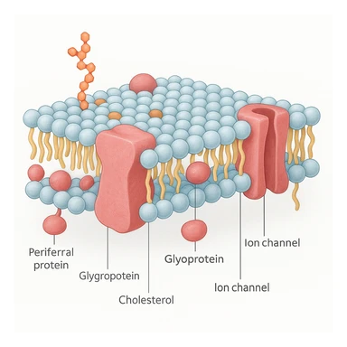 A highly detailed, scientifically accurate cross-section of a biological cell membrane (lipid bilayer) on a white background, ultra-realistic 3D illustration. Show the phospholipid bilayer with hydrophilic heads (round, polar) facing outward and hydrophobic tails (chains) inside. Include embedded proteins (integral and peripheral), cholesterol molecules (small, rigid), glycoproteins with sugar chains, and ion channels. The style should be clean, lab-textbook style, with subtle shadows and depth. Use a color scheme: light blue for hydrophilic heads, yellow for hydrophobic tails, red/pink for proteins, and orange for cholesterol. Microscope-like precision, no artistic stylization. sticker