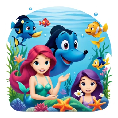 Colorful icon for Animated Movies: A vibrant collage featuring iconic characters like Goofy, Mickey Mouse, Ariel the Little Mermaid, Jasmine, Masha and the Bear, and Luntik. Each character should be large and bright, set against a cheerful and playful background. Transparent background. sticker