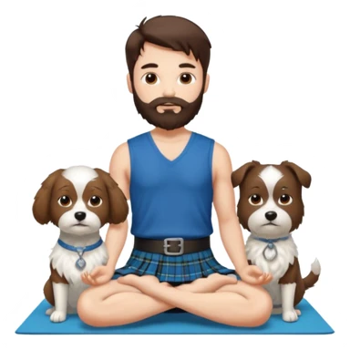 emoji of brunette man with beard wearing kilt, brunette woman in yoga outfit and white fluffy dog sticker