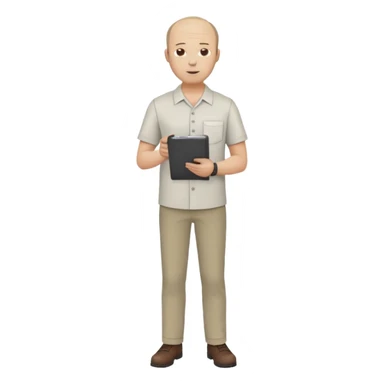 man, mid 30's shirt and trousers balding hairline, full body, standing, holding a clipboard sticker