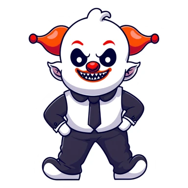 full-body demonic clown in black and white leisure suit with bellbottom pants, bald, black ram horns, flashy black and white belt, ruffled white shirt, no neck tie, large fangs, cartoon sticker style sticker