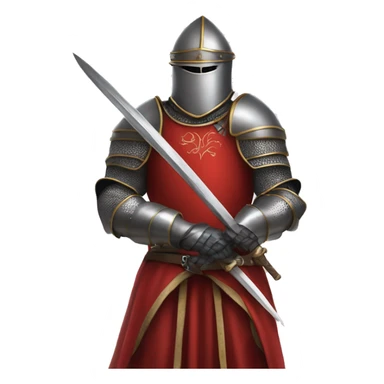 A person in medieval armor kneels, looking upward, with hands resting on a sword. They're dressed in a red garment under the armor. sticker