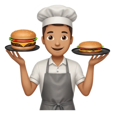 A cheerful man in an apron flipping burgers on a sizzling grill with smoke puffing upward. sticker