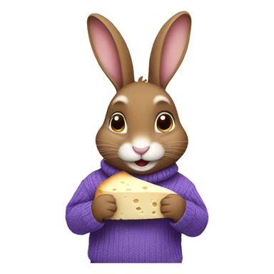 Cute rabbit: a brown rabbit wearing a purple sweater . Eating a gorgonzola cheese sticker