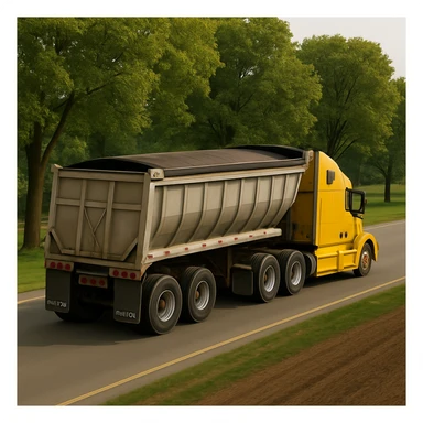 Add more trees to the background while keeping the yellow Volvo sleeper semi truck driving away with a large end dump trailer through farmland in a realistic style. sticker