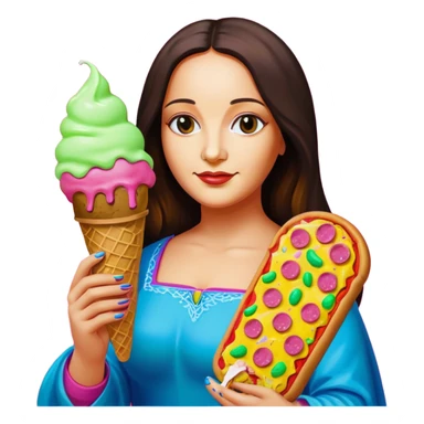pop art neon Monalisa holding Melted spam meat ice cream pizza slice sticker