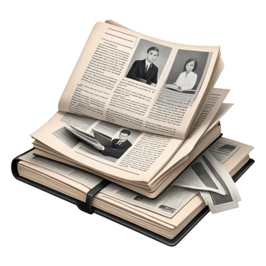 Icon for Non-Fiction & Narrative Reading: an open book with black-and-white photos on the pages, surrounded by a pile of newspaper clippings, and an open folder with top-secret documents. The icon should reflect the blend of real stories and facts in non-fiction literature. Transparent background. sticker
