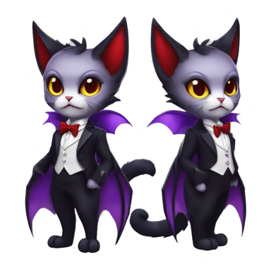 Cute-Evil-Vampiric-Batty-Cat-Black-Purple-Red-Yellow-Contrast-Colors-Fantasy-Fur-Sona-Chibi-Shiny-Fakémon-Hybrid with horns and big fangs neck bow white tie leg spats full body sticker